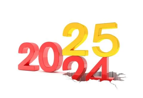 3d render of the numbers 2025 and 24 in red and gold over white background. Stock Illustration