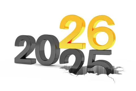 3d render of the numbers 2026 and 25 in black and gold over white background. Stock Illustration