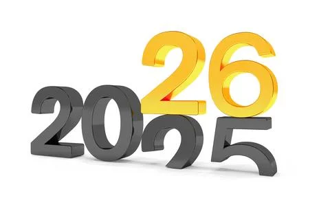 3d render of the numbers 2026 and 25 in black and gold over white background. Stock Illustration