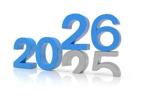 3d render of the numbers 2026 and 25 in blue over white reflecting background Stock Illustration