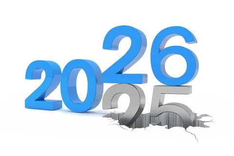 3d render of the numbers 2026 and 25 in blue over white background. Stock Illustration
