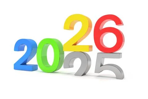 3d render of the numbers 2026 and 25 in colorful over white background. Stock Illustration