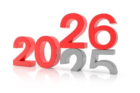 3d render of the numbers 2026 and 25 in red over white reflecting background. Stock Illustration