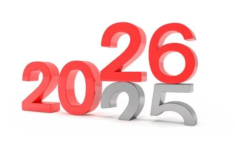 3d render of the numbers 2026 and 25 in red over white background. Stock Illustration