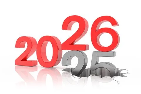 3d render of the numbers 2026 and 25 in red over white reflecting background. Stock Illustration