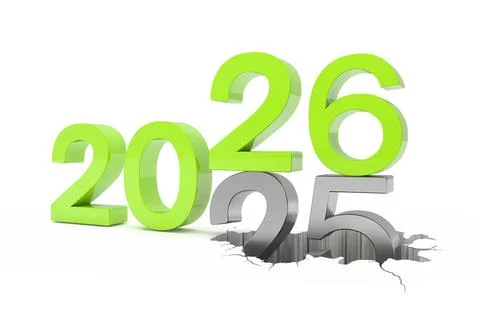 3d render of the numbers 2026 and 25 in green over white background. Stockillustratie