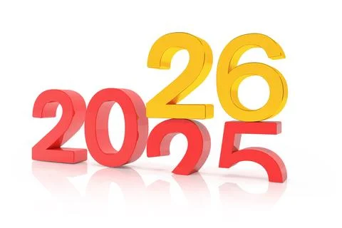 3d render of the numbers 2026 and 25 in red and gold. Stock Illustration
