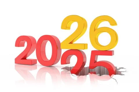 3d render of the numbers 2026 and 25 in red and gold. Stock Illustration