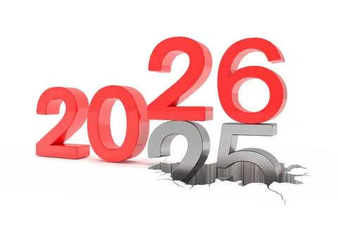 3d render of the numbers 2026 and 25 in red over white background. Stock Illustration