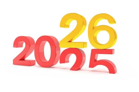 3d render of the numbers 2026 and 25 in red and gold over white background. Stock Illustration