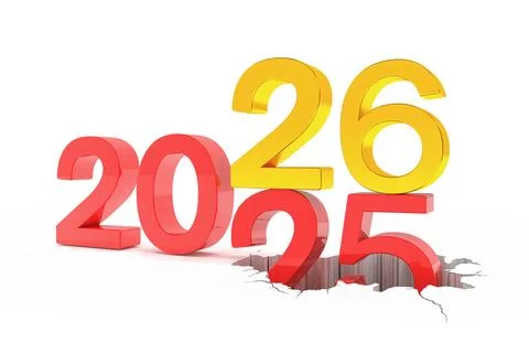 3d render of the numbers 2026 and 25 in red and gold over white background. Stock Illustration