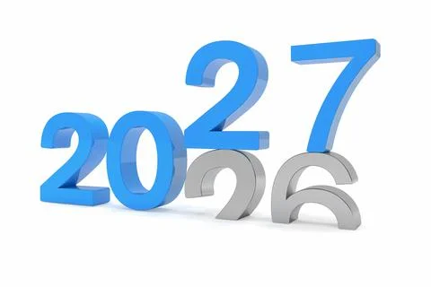 3d render of the numbers 2027 and 26 in blue and silver over white background Stock Illustration