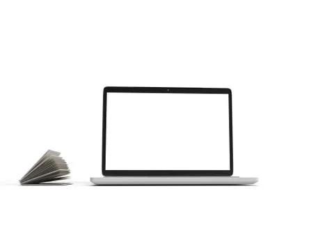 3d render o white laptop with blank screen and white open book for learning Stock Illustration