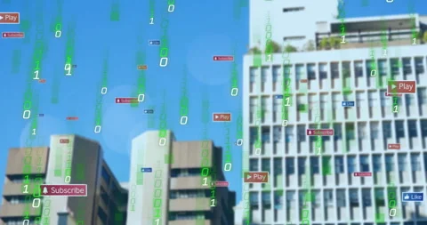 3D render office buildings streaming translucent green binary code and floating Stock Footage 307431193