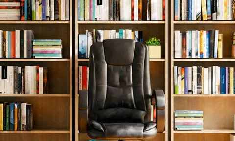 3d render of office chair with book shelves for background usage 스톡 일러스트
