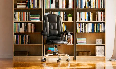 3d render of office chair with book shelves for background usage Stock Illustration