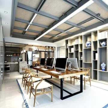 3D Render of Office, Working Space Stock Illustration