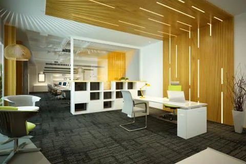 3D Render of Office, Yellow Color Working Space Stock Illustration