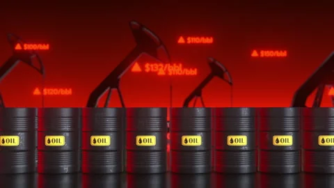 3D Render Oil Barrels and Pump Jacks with Rising Prices on Red Background 库存影片 331090472