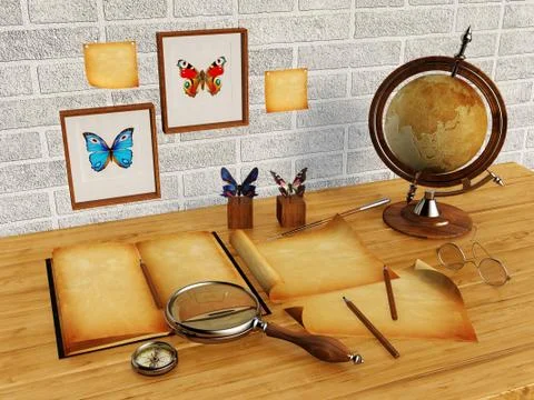 3D render, old book and old papers on table Stock Illustration