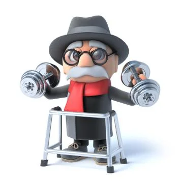 3d render of an old man with his walking lifting weights to keep fit and stro Stockillustratie