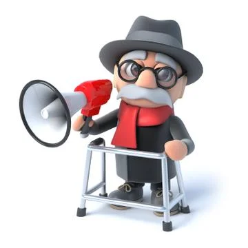 3d render of an old man with his walking frame speaks through a megaphone Stockillustratie