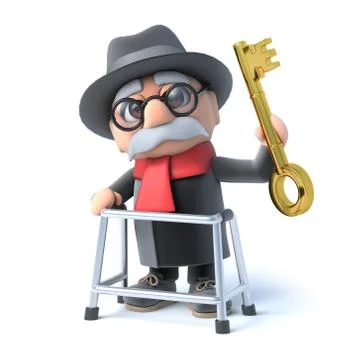 3d render of an old man holding a gold key Stock Illustration