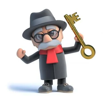 3d render of an old man holding up a gold key. Stockillustratie