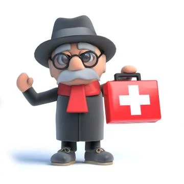 3d render of an old man holding a first aid kit. Stock Illustration