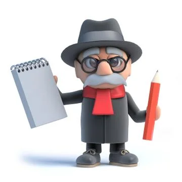 3d render of an old man holding a notebook and pencil Stock Illustration