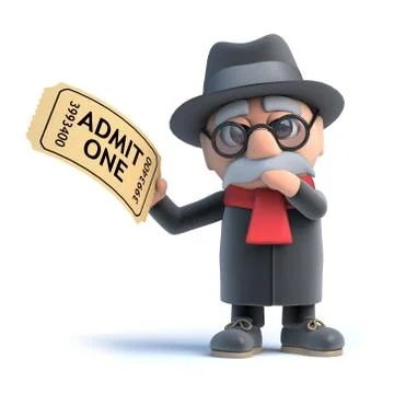 3d render of an old man holding a cinema ticket. Stock Illustration