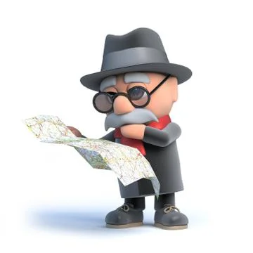 3d render of an old man reading a map. 스톡 일러스트