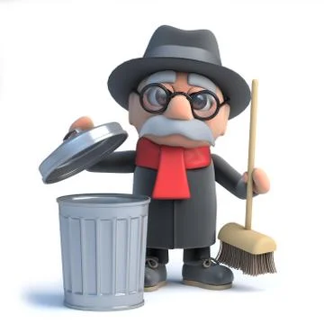 3d render of an old man with trash can and broom. Stockillustratie