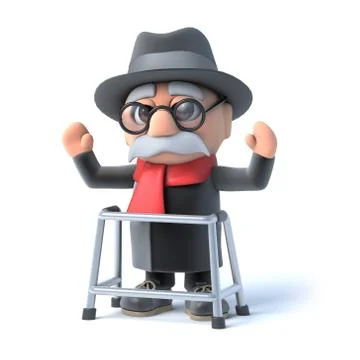3d render of an old man with a walking frame waving his arms in the air Stock Illustration
