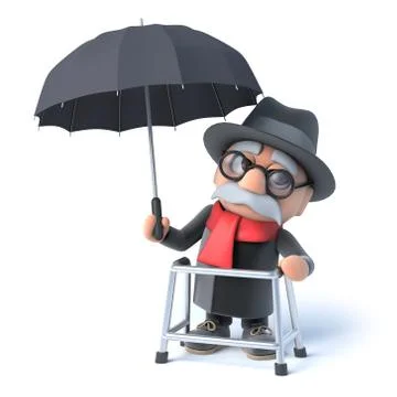 3d render of an old man with walking frame holding up an umbrella Stockillustratie