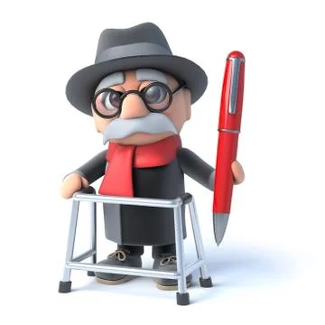 3d render of an old man with walking frame holding a pen Stock Illustration