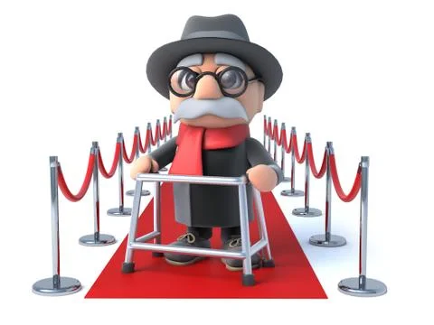 3d render of an old man with walking frame on the red carpet Stockillustratie