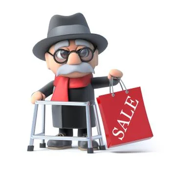3d render of an old man with walking frame holding up a Sale bag 스톡 일러스트