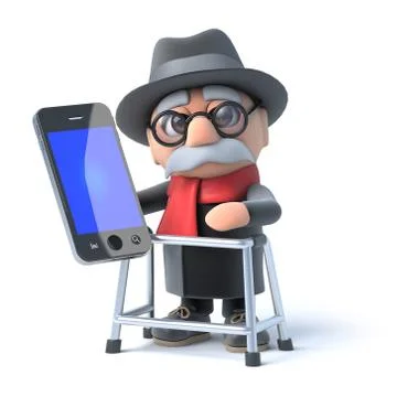 3d render of an old man with walking frame holding a smartphone Stockillustratie