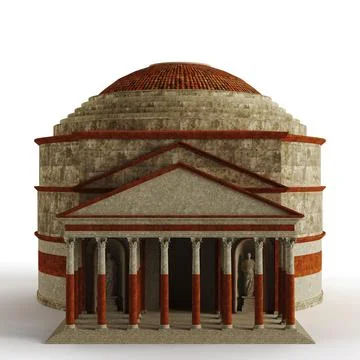 3D render of an old, red-columned building with a round roof isolated on the whi Ilustración de archivo