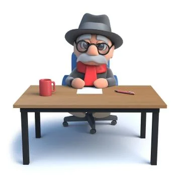3d render of an old sitting at a desk. Stockillustratie