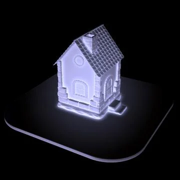 3d render. Old stone house in a bright glowing neon light. Illustrazione stock