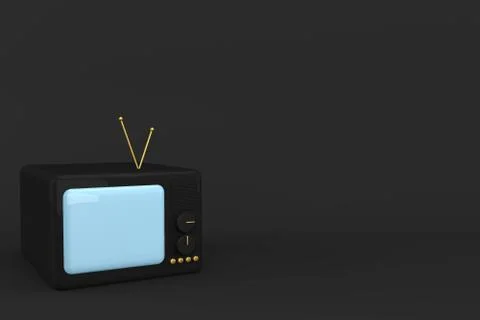 3d render of an old TV. Black cartoon TV with blue screen on a black backgrou 스톡 일러스트