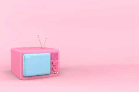3d render of an old TV. Pink cartoon TV with blue screen on a pink background Stock Illustration