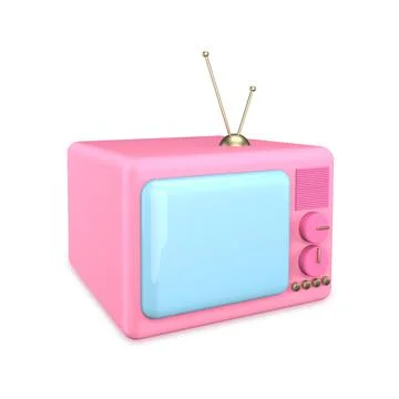 3d render of an old TV. Pink cartoon TV with blue screen isolated on a white  Stock Illustration