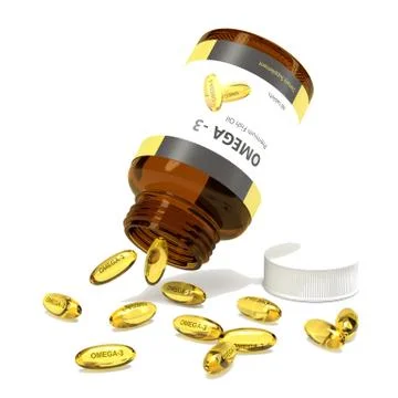 3d render of omega-3 bottle with capsules over white Stock Illustration