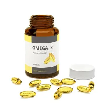 3d render of omega-3 bottle with capsules over white Stock Illustration