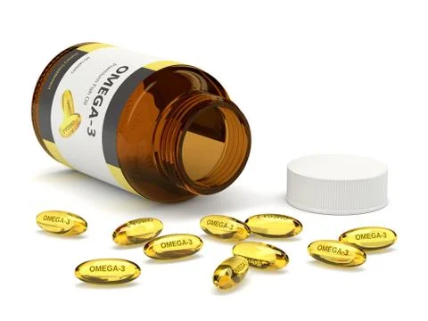 3d render of omega-3 bottle with capsules over white Stock Illustration