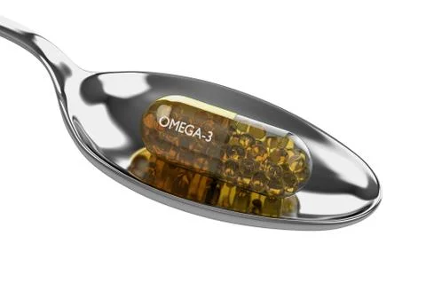 3d render of omega-3 capsule on spoon over white Illustrazione stock