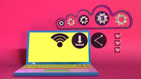 3D Render, online cloud laptops with online icons Stock Illustration